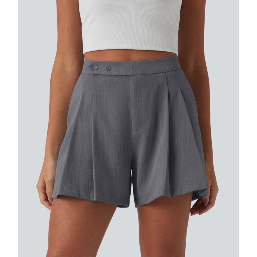 NEW Halara Gray High Waisted Pleated Casual Linen Feel Shorts 5'' Pockets XL